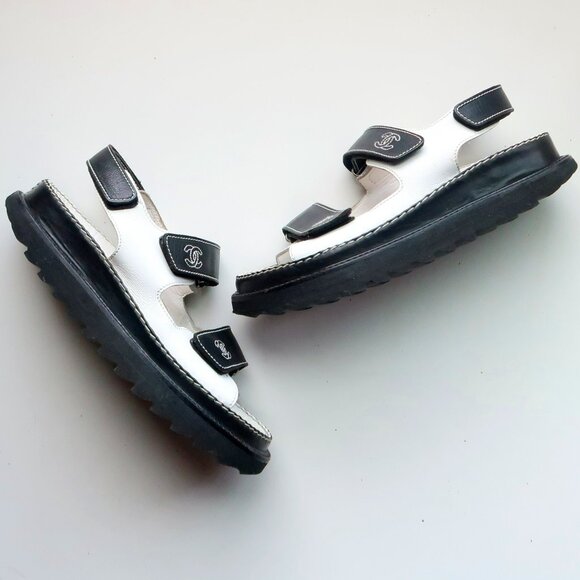 Chanel Leather Velcro CC Logo Platform Dad Sandals 90's Y2K Minimalist Designer - Picture 11 of 16